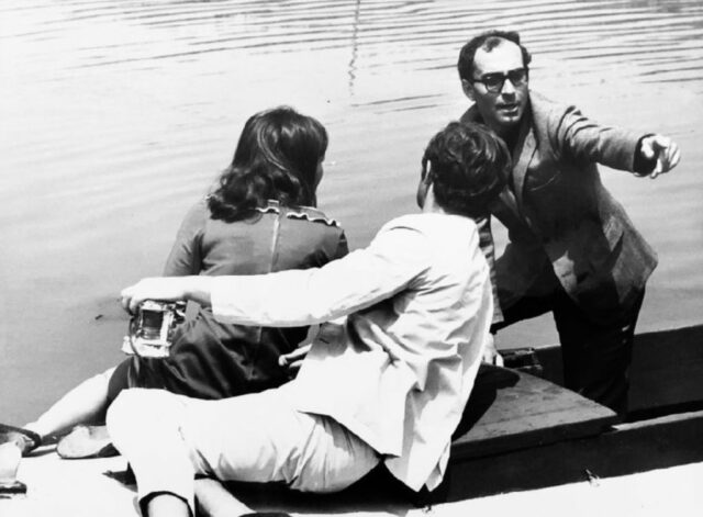 Jean Luc Godard et ses acteurs Anna Karina et Jean-Paul Belmondo 1965 « Pierrot le Fou » de JL.Godard