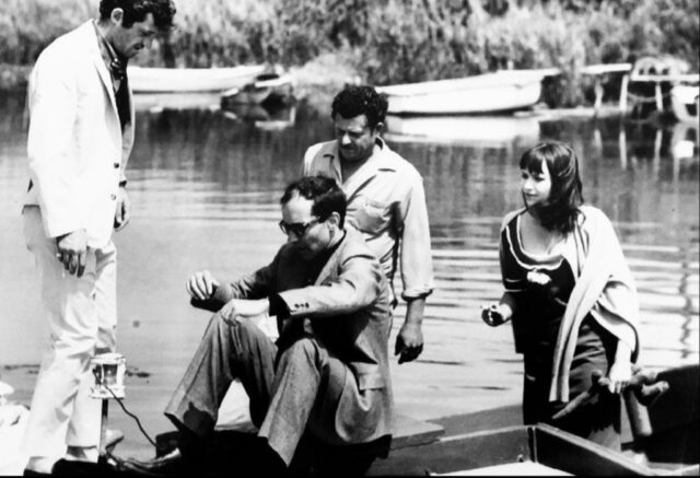 Jean Luc Godard et ses acteurs Anna Karina et Jean-Paul Belmondo 1965 « Pierrot le Fou » de JL.Godard